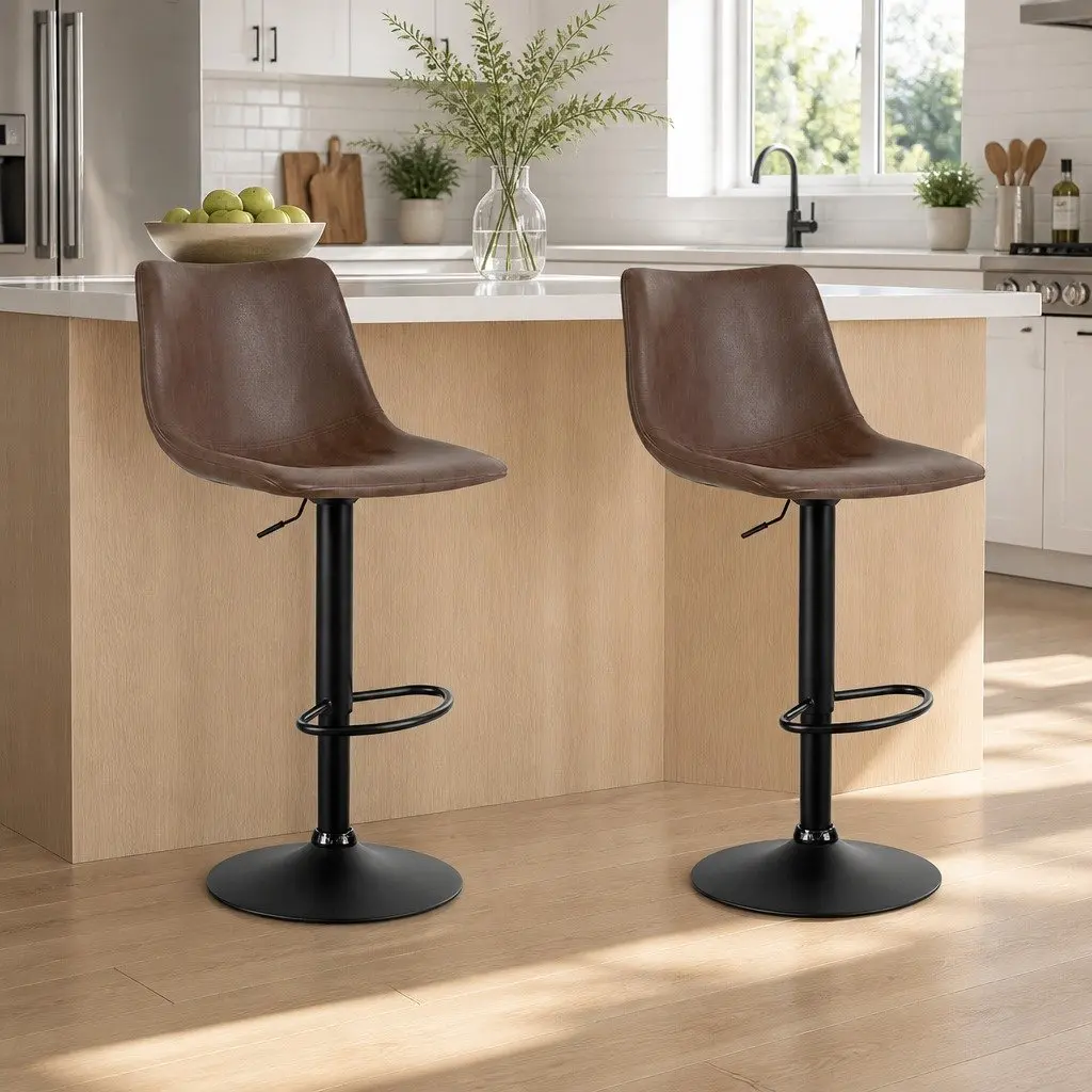 Vintage Brown Faux Leather High Back Bar Stools 2 Piece Swivel Gas Lift Padded Seat