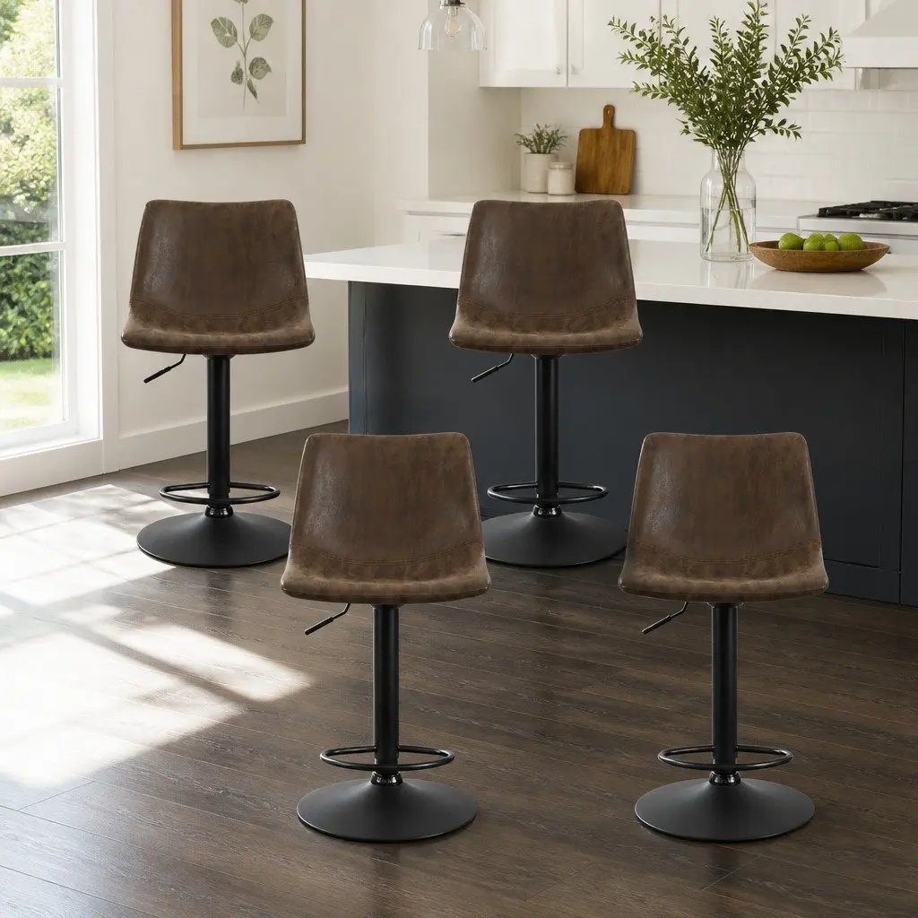 Set of 4 Brown Faux Leather Swivel Bar Stools