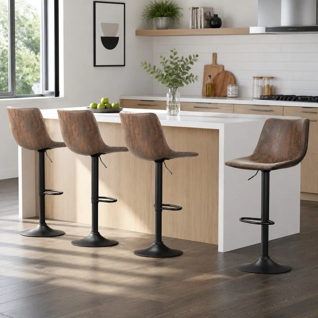 Set of 4 Brown Faux Leather Swivel Bar Stools