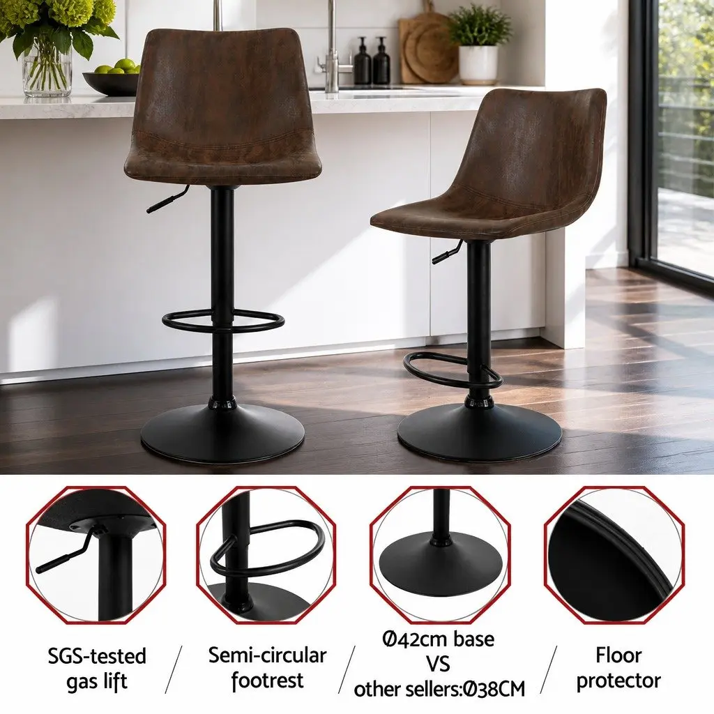 Set of 4 Brown Faux Leather Swivel Bar Stools