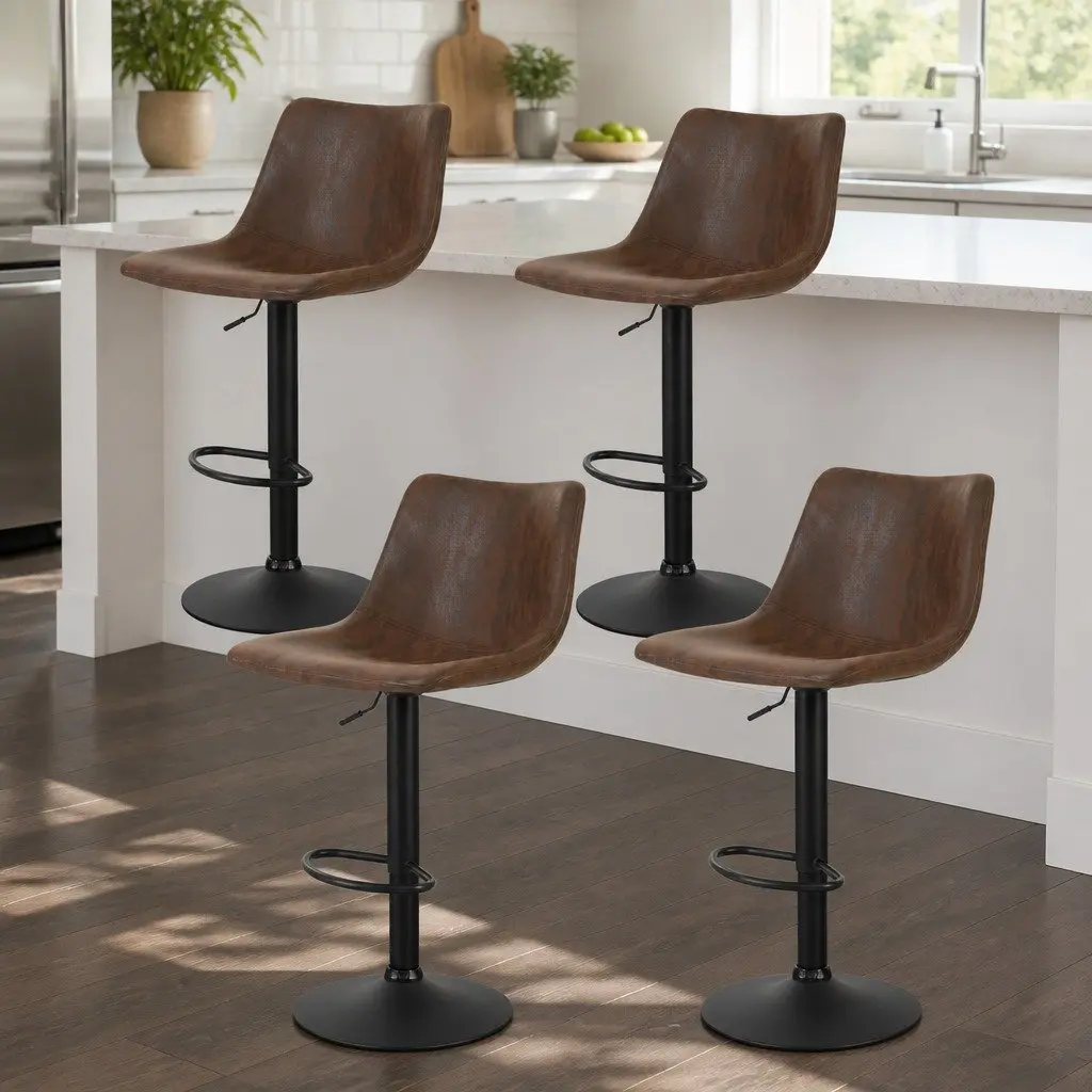 Set of 4 Brown Faux Leather Swivel Bar Stools