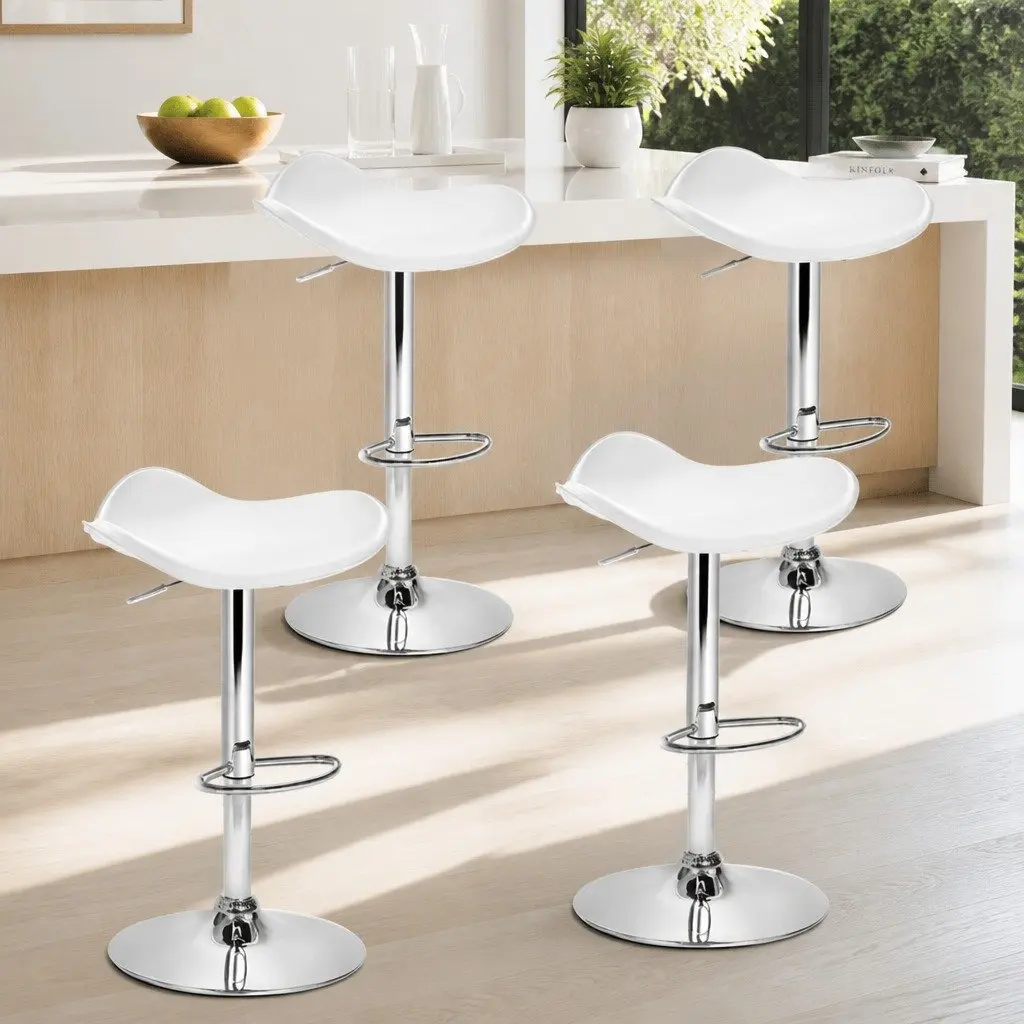 Bar Stools White PU Leather Gas Lift Swivel Chair Chrome Base 4 Piece