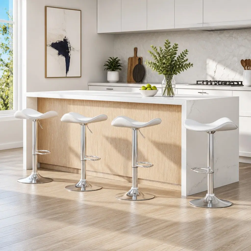 Bar Stools White PU Leather Gas Lift Swivel Chair Chrome Base 4 Piece