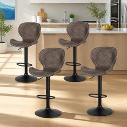 Set of 4 Adjustable Bar Stools with Swivel and Rattan Seats