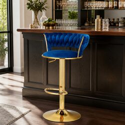 Navy Blue Velvet Bar Stools with Gas Lift and Woven Backrest