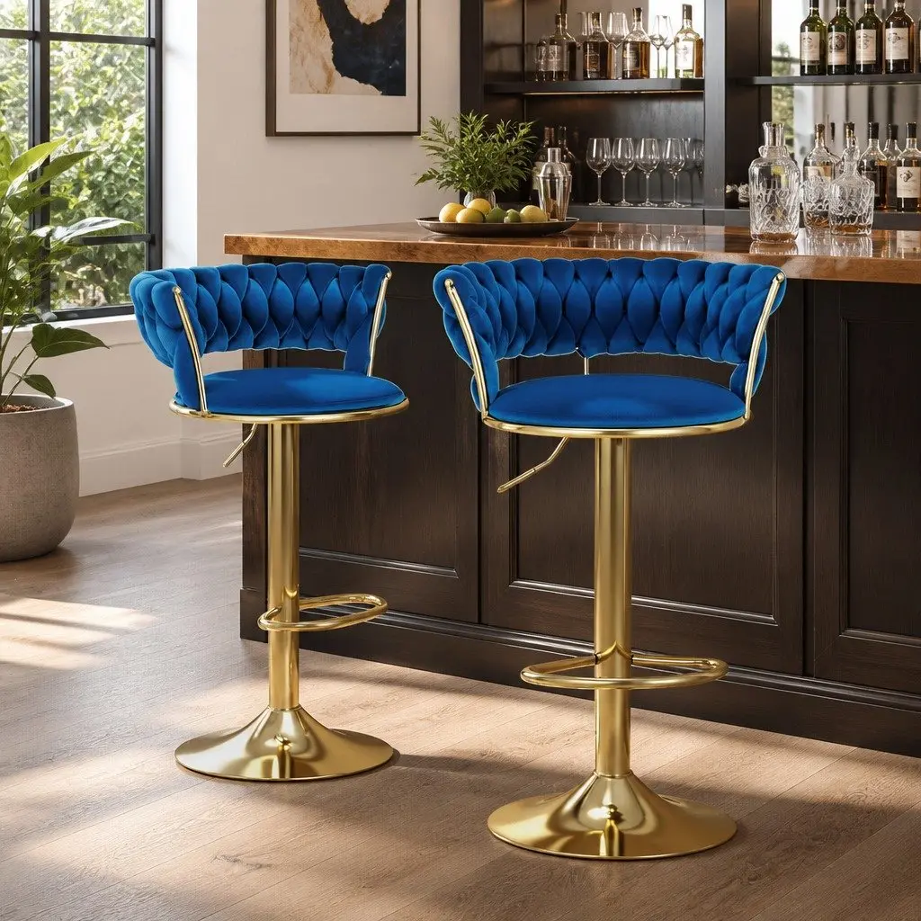 Bar Stools Velvet Woven Backrest Adjustable Height Swivel Chair Set Navy Blue