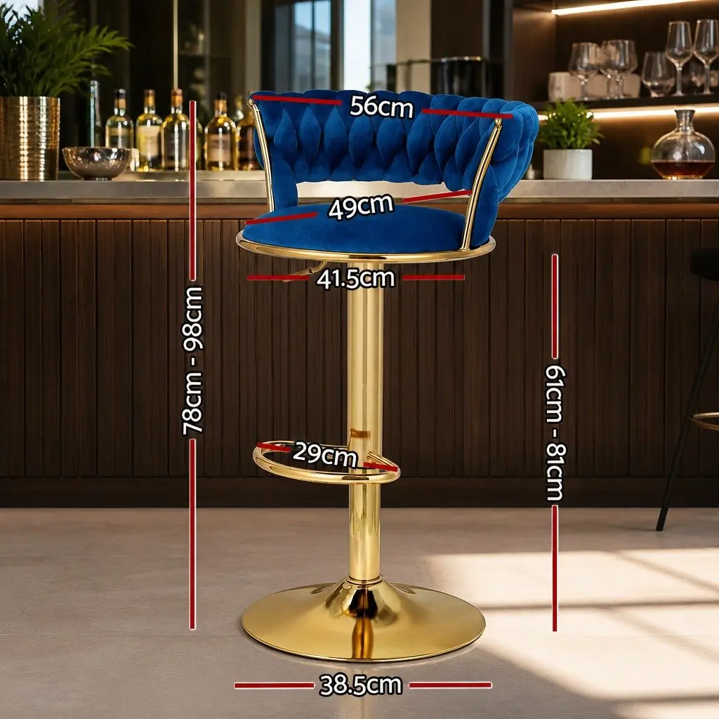 Bar Stools Velvet Woven Backrest Adjustable Height Swivel Chair Set Navy Blue