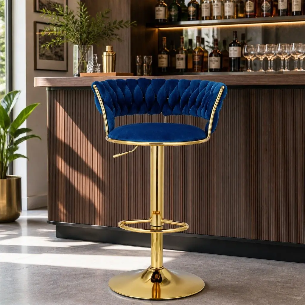 Bar Stools Velvet Woven Backrest Adjustable Height Swivel Chair Set Navy Blue