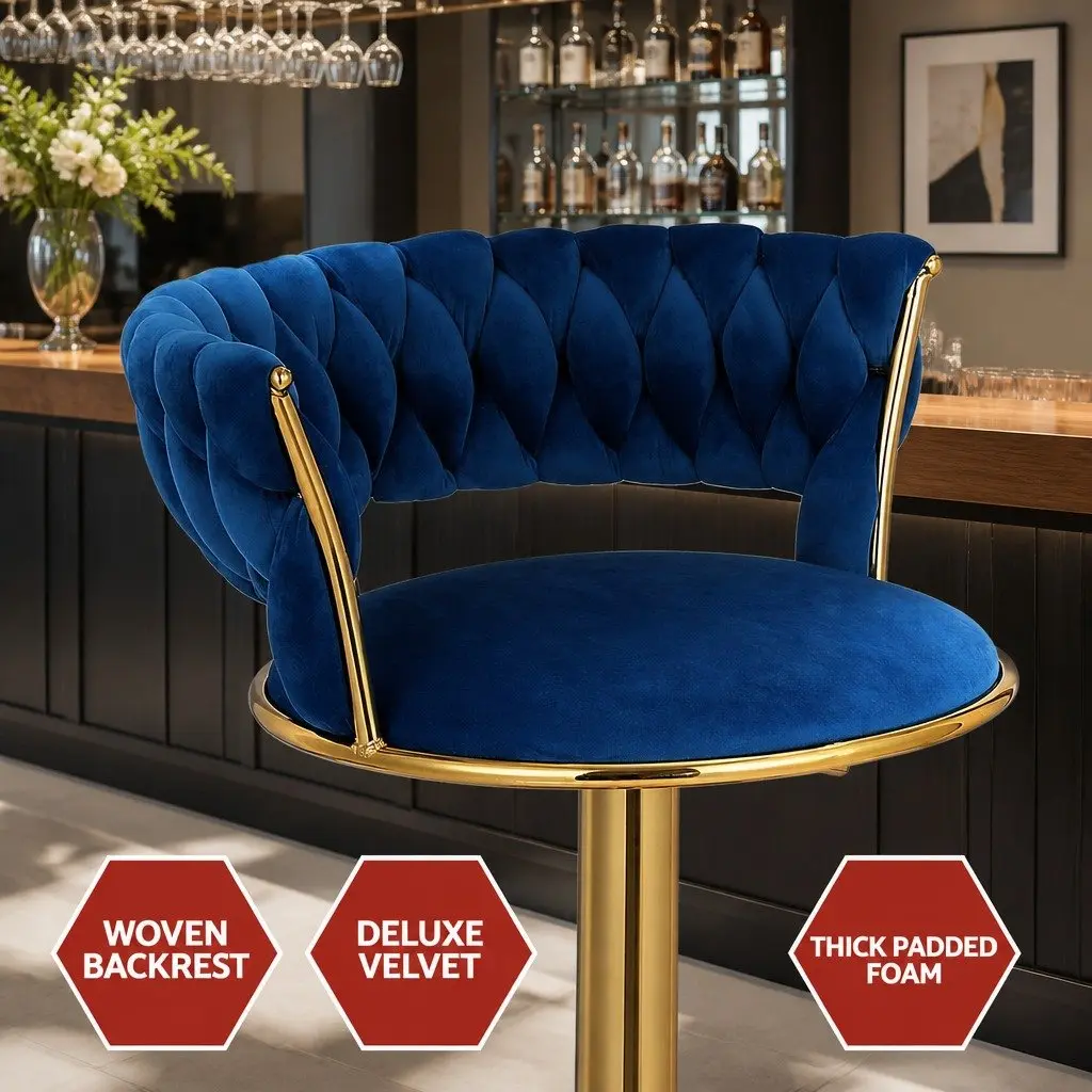 Bar Stools Velvet Woven Backrest Adjustable Height Swivel Chair Set Navy Blue