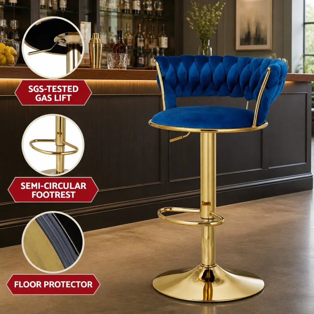 Bar Stools Velvet Woven Backrest Adjustable Height Swivel Chair Set Navy Blue
