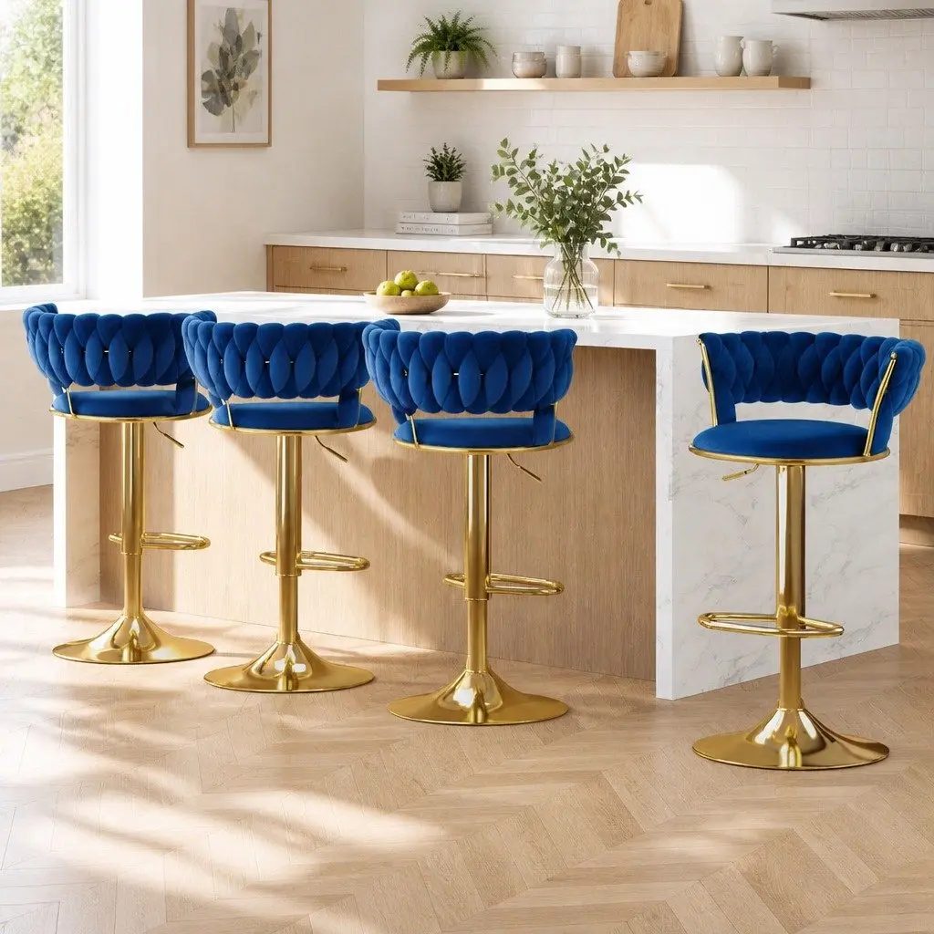 Bar Stools Velvet Navy Blue Height Adjustable Set of 4 with Woven Backrest and Cushioned Support