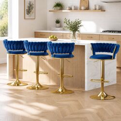 Set of 4 Navy Blue Gas Lift Bar Stools with Velvet Upholstery