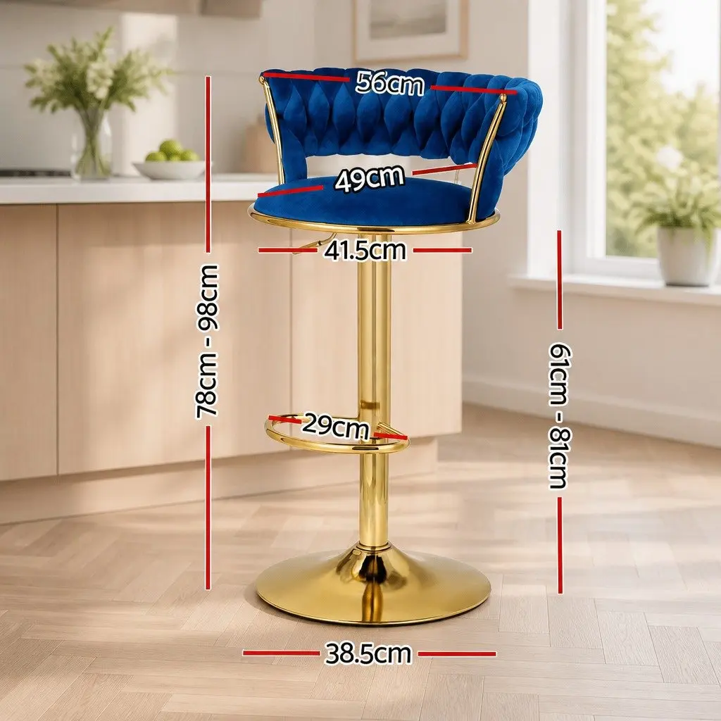 Bar Stools Velvet Navy Blue Height Adjustable Set of 4 with Woven Backrest and Cushioned Support