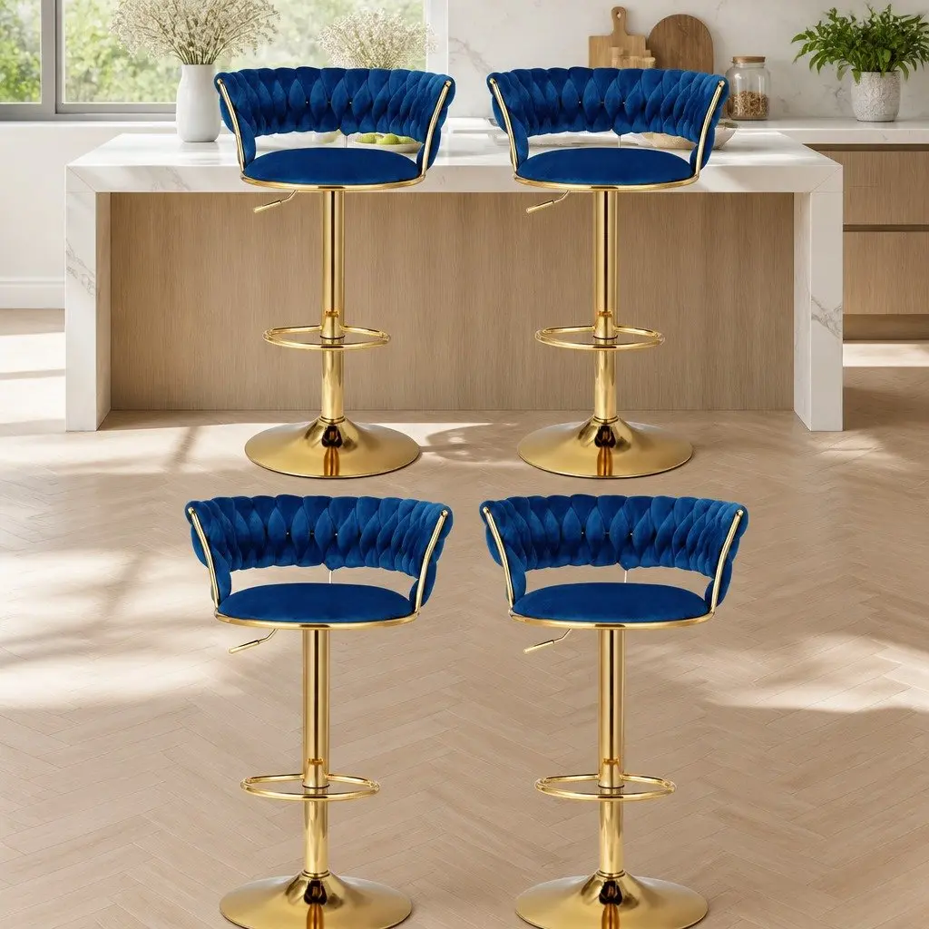 Bar Stools Velvet Navy Blue Height Adjustable Set of 4 with Woven Backrest and Cushioned Support