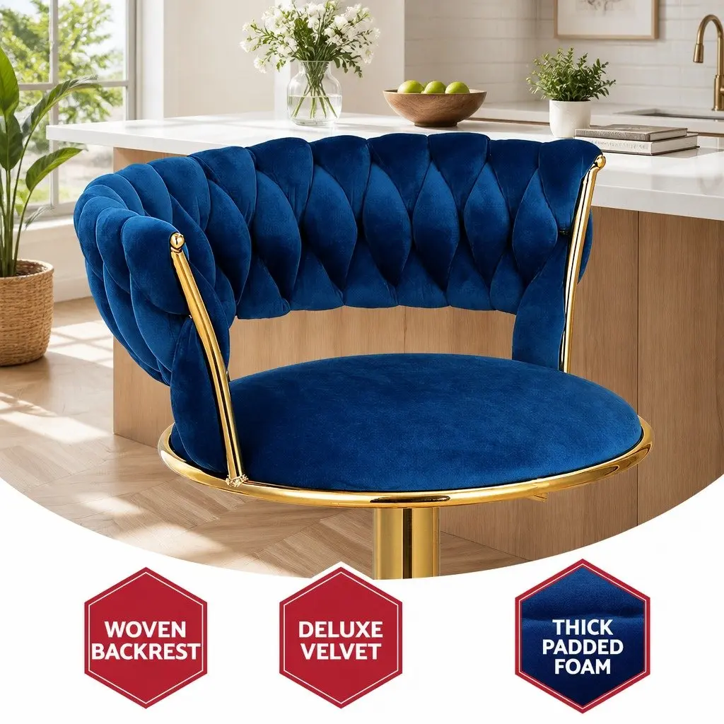 Bar Stools Velvet Navy Blue Height Adjustable Set of 4 with Woven Backrest and Cushioned Support