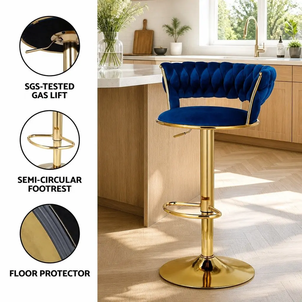 Bar Stools Velvet Navy Blue Height Adjustable Set of 4 with Woven Backrest and Cushioned Support