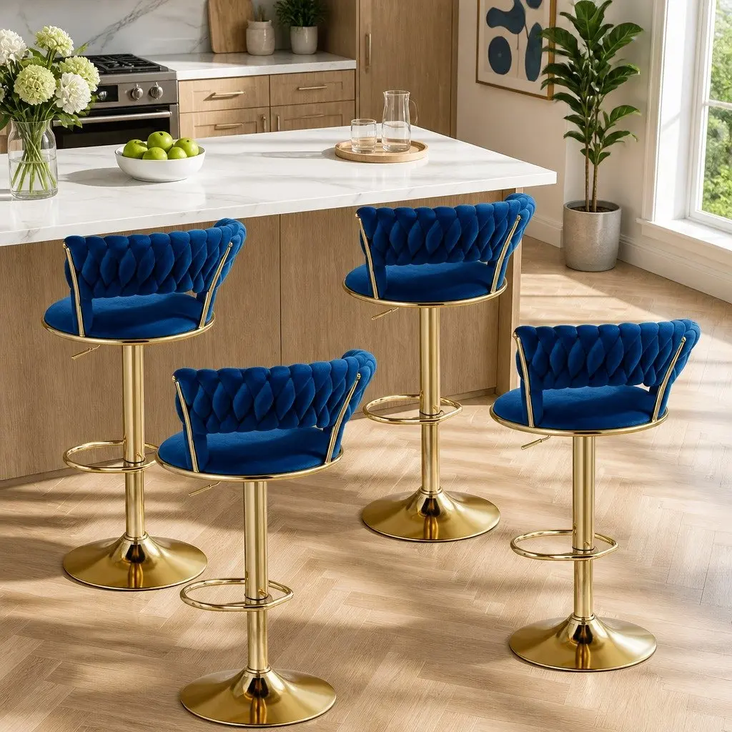 Bar Stools Velvet Navy Blue Height Adjustable Set of 4 with Woven Backrest and Cushioned Support