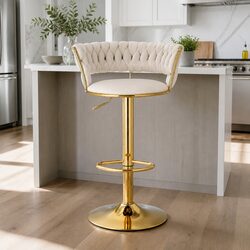 Velvet Bar Stools with Gas Lift and Woven Backrest