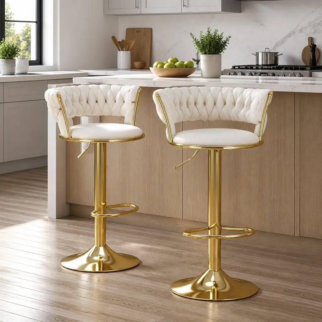Velvet Bar Stools with Gas Lift and Woven Backrest