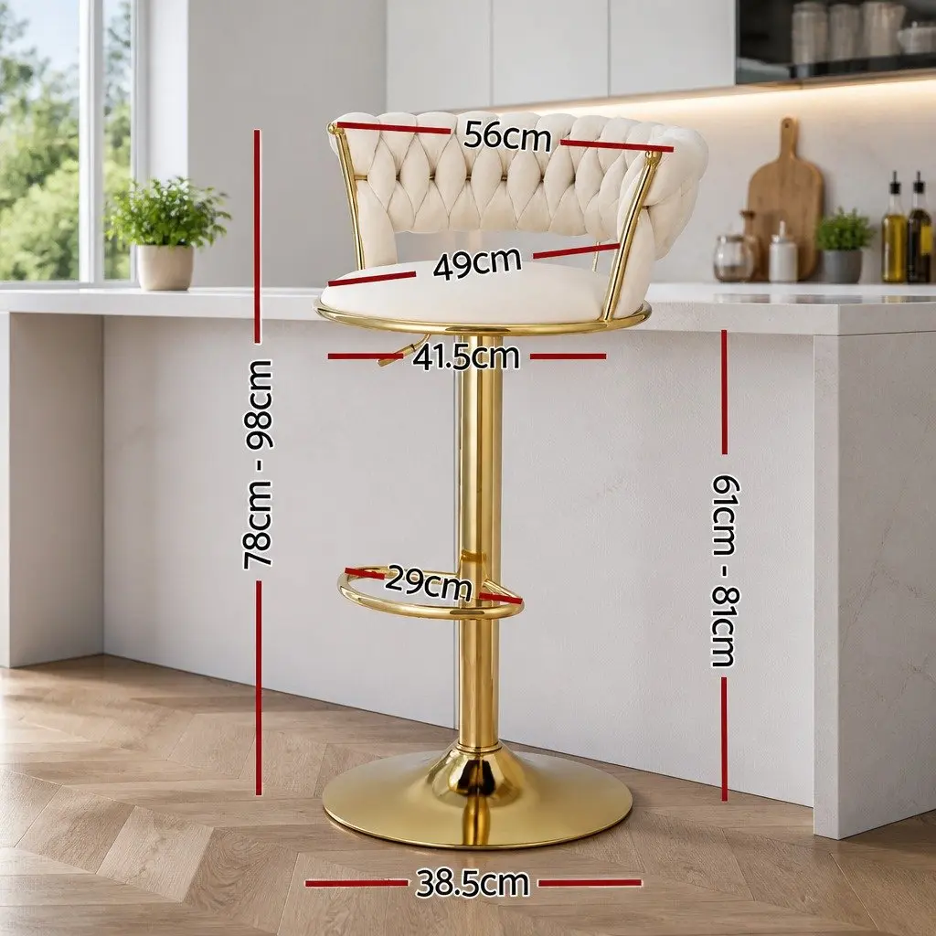 Velvet Bar Stools with Gas Lift and Woven Backrest