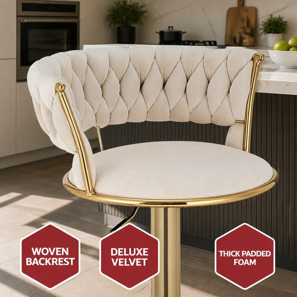 Velvet Bar Stools with Gas Lift and Woven Backrest