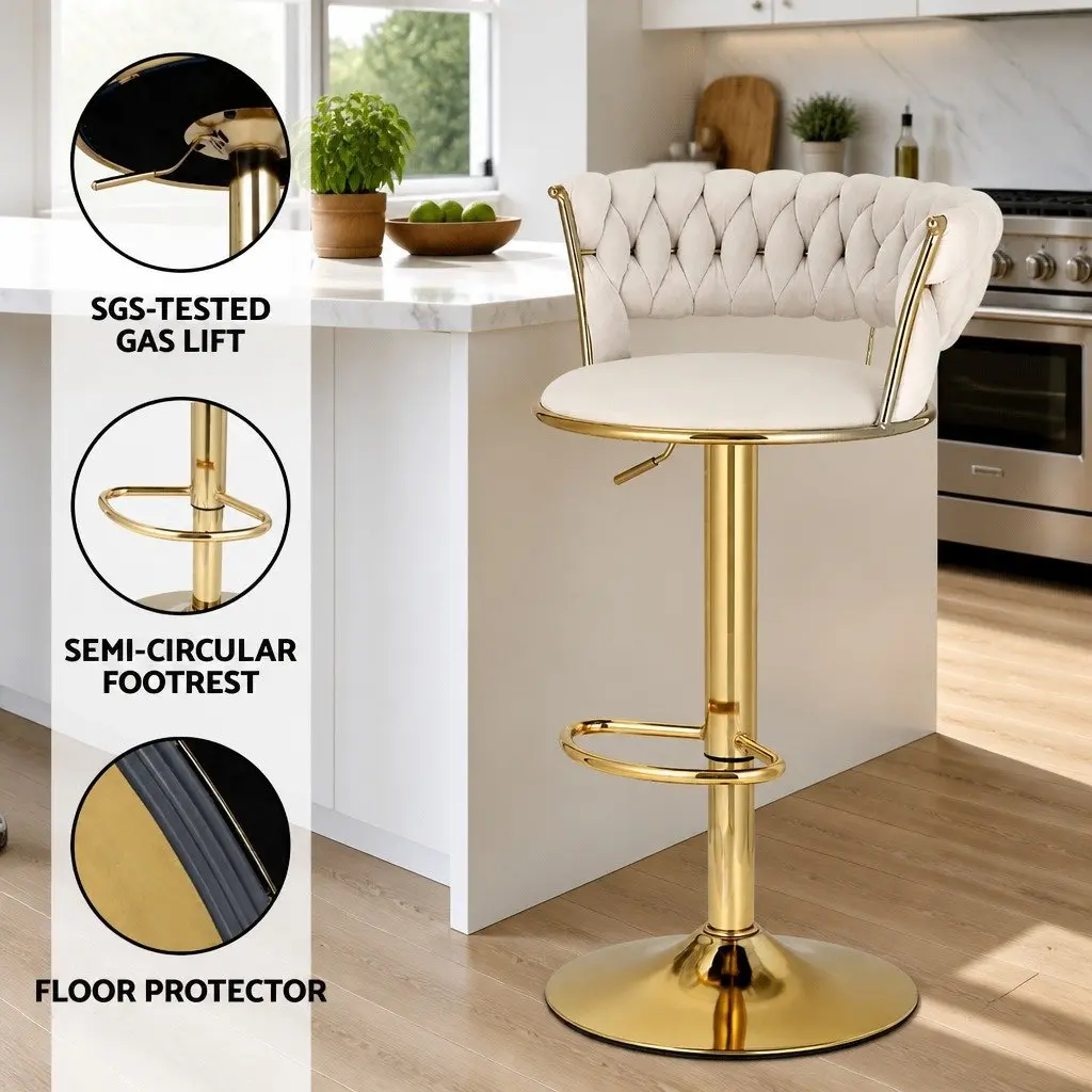 Velvet Bar Stools with Gas Lift and Woven Backrest