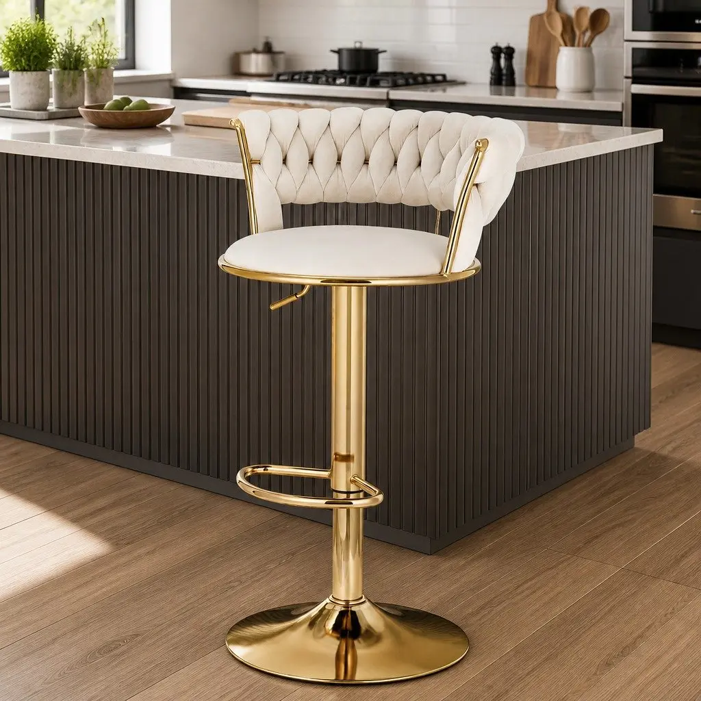 Velvet Bar Stools with Gas Lift and Woven Backrest