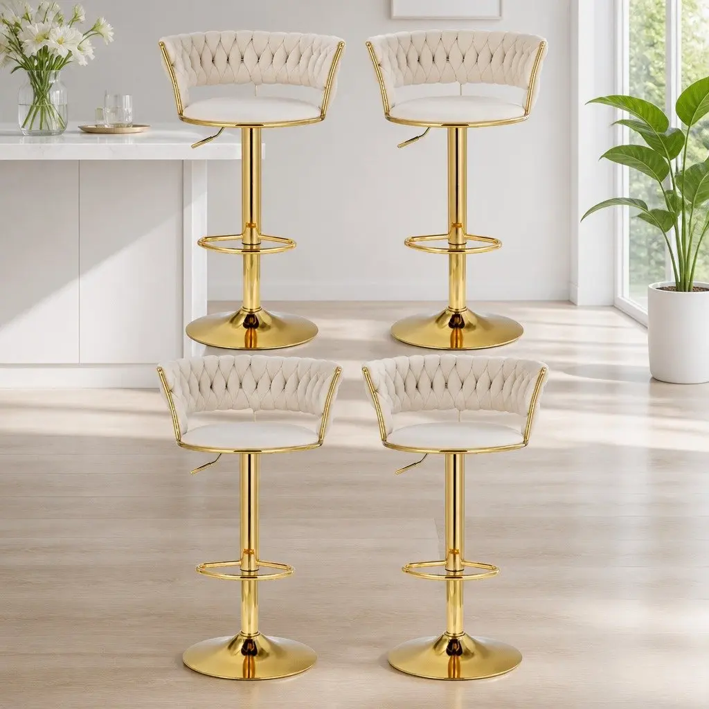 Bar Stools Velvet Beige Set of 4 Height Adjustable Swivel Backrest