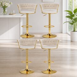Set of 4 Adjustable Beige Velvet Bar Stools with Backrest
