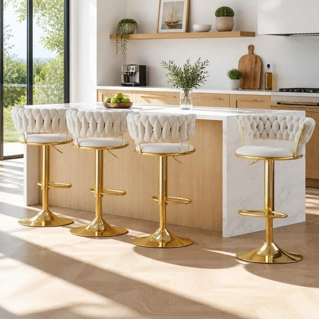 Bar Stools Velvet Beige Set of 4 Height Adjustable Swivel Backrest