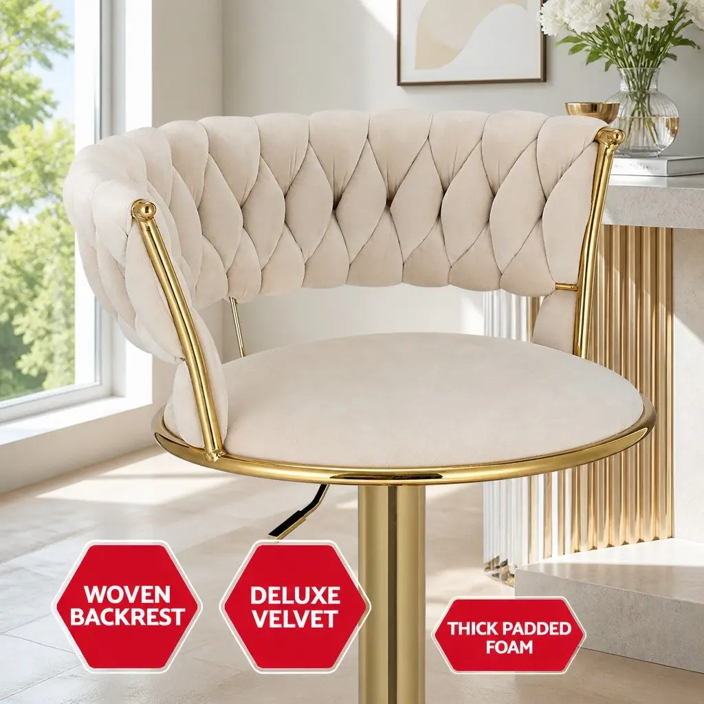 Bar Stools Velvet Beige Set of 4 Height Adjustable Swivel Backrest