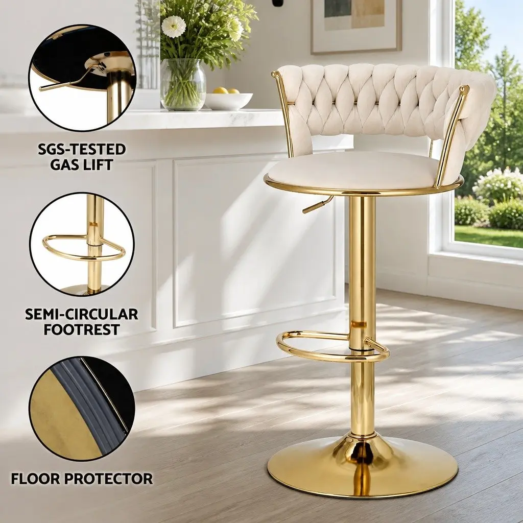 Bar Stools Velvet Beige Set of 4 Height Adjustable Swivel Backrest