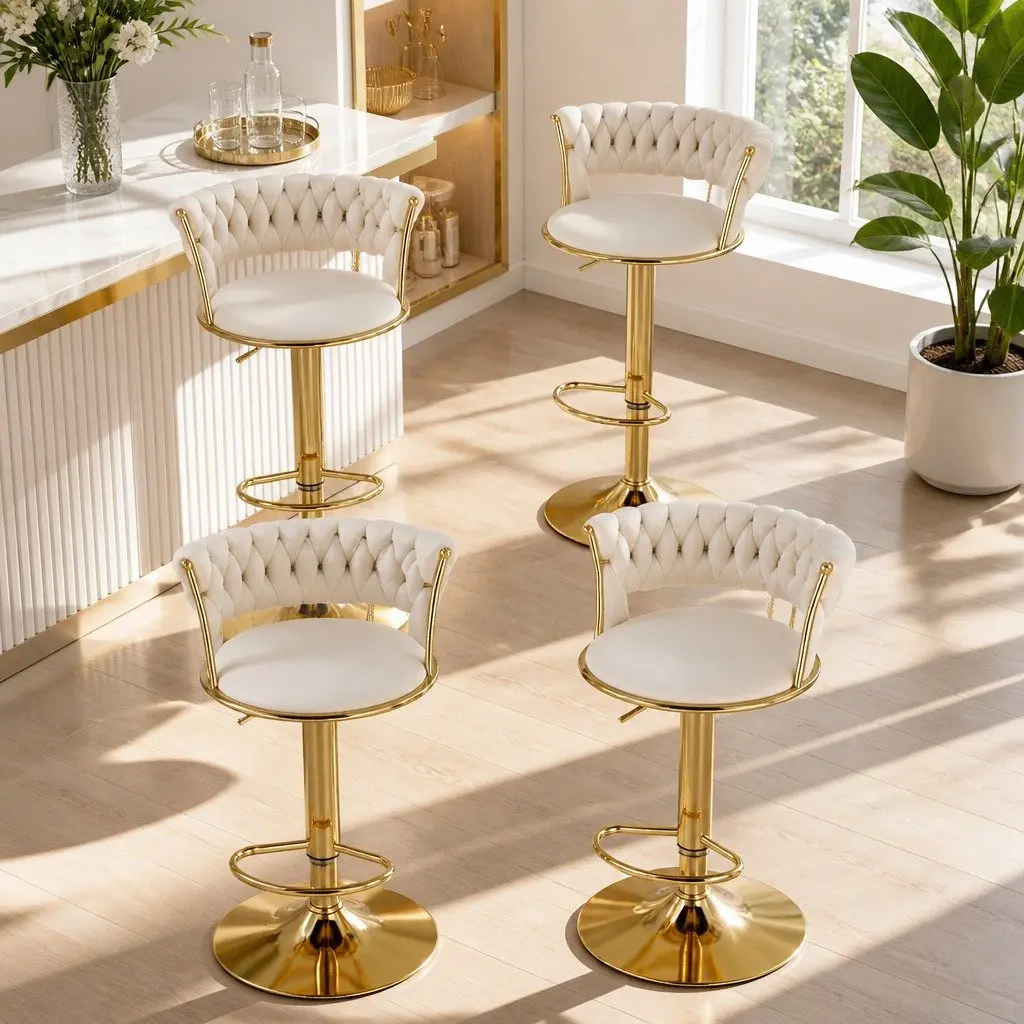 Bar Stools Velvet Beige Set of 4 Height Adjustable Swivel Backrest