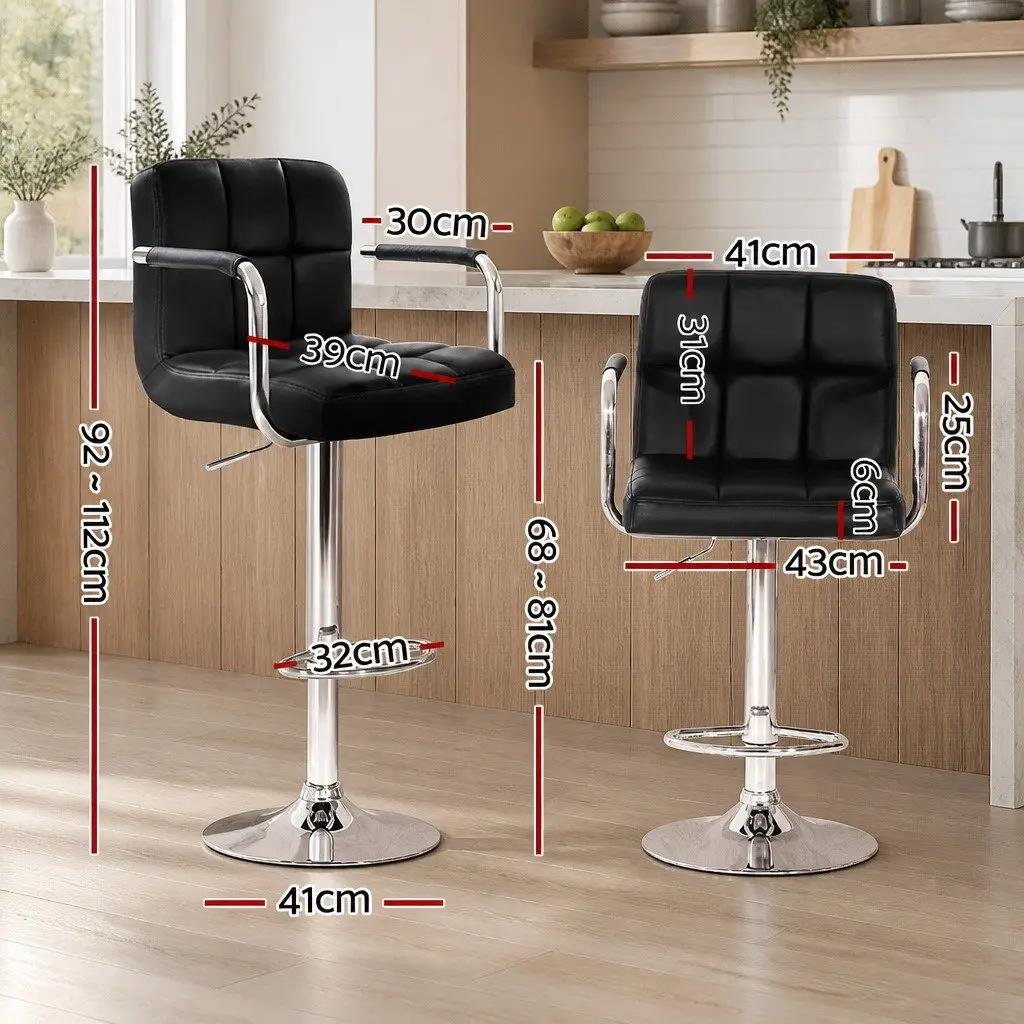 Bar Stools with Armrest Gas Lift 360 Swivel Leather Black Set of 2