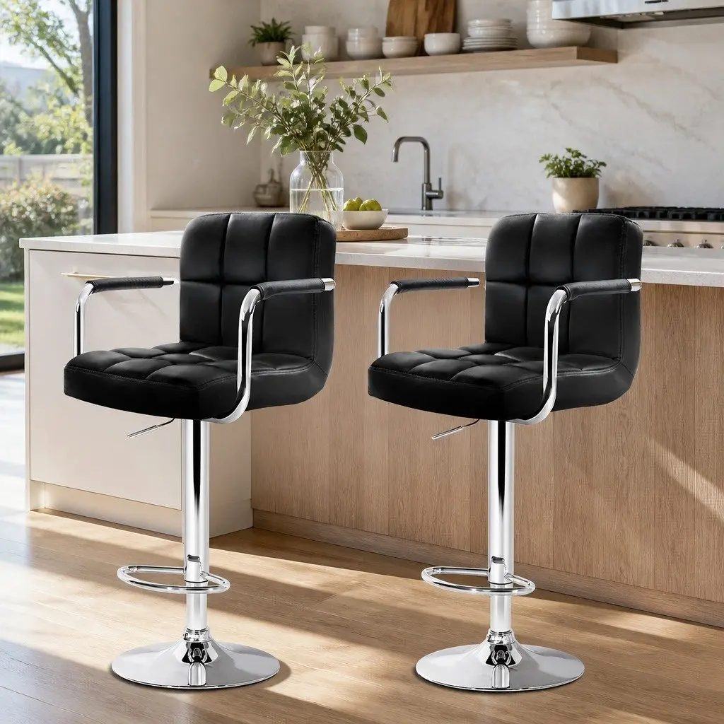 Bar Stools with Armrest Gas Lift 360 Swivel Leather Black Set of 2