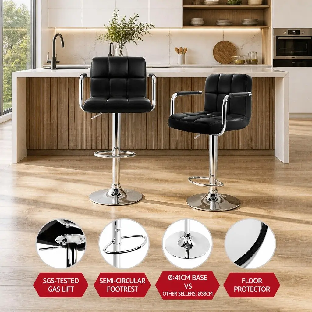 Bar Stools with Armrest Gas Lift 360 Swivel Leather Black Set of 2
