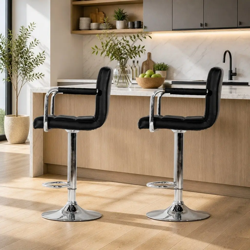 Bar Stools with Armrest Gas Lift 360 Swivel Leather Black Set of 2