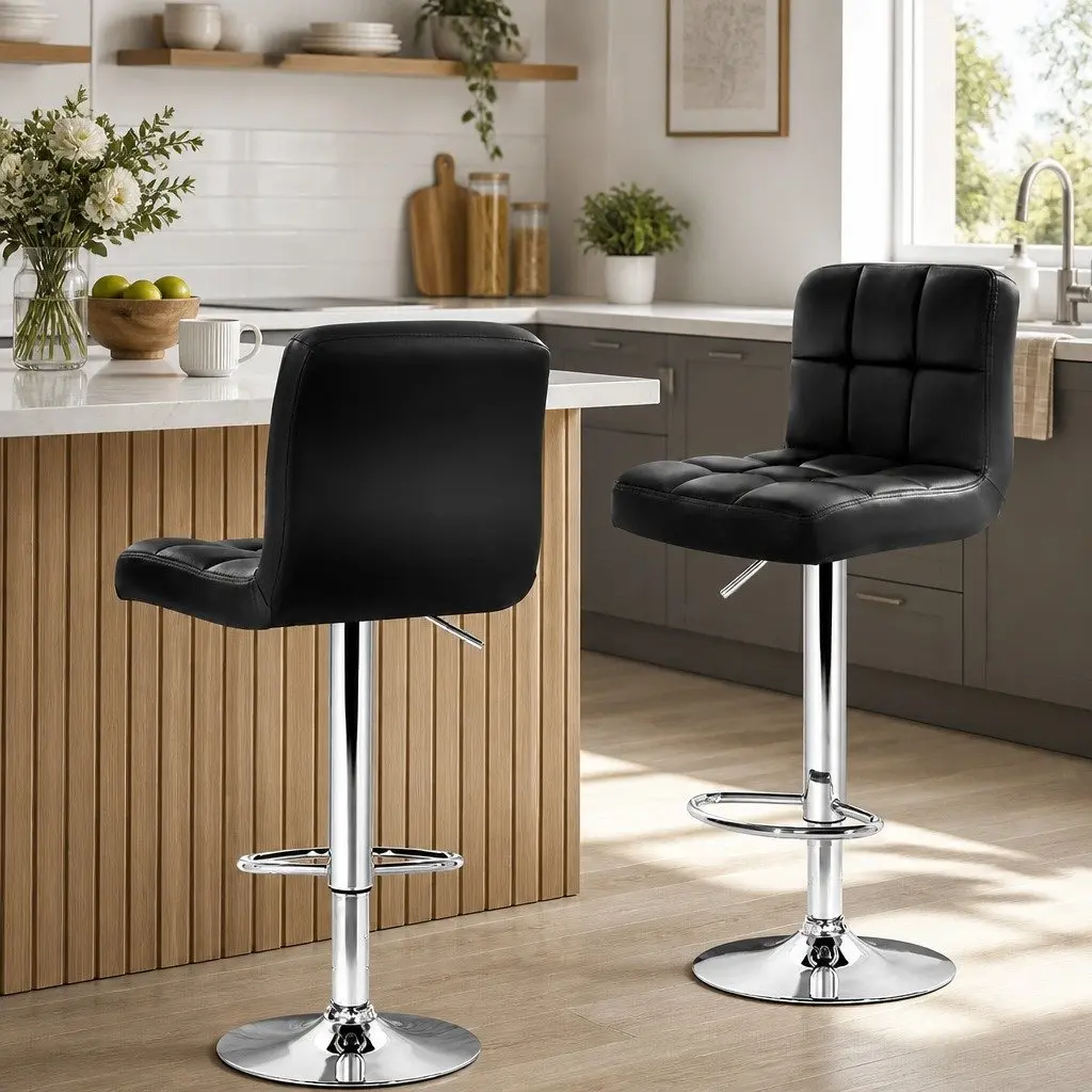 Bar Stools with Armrest Gas Lift 360 Swivel Leather Black Set of 2