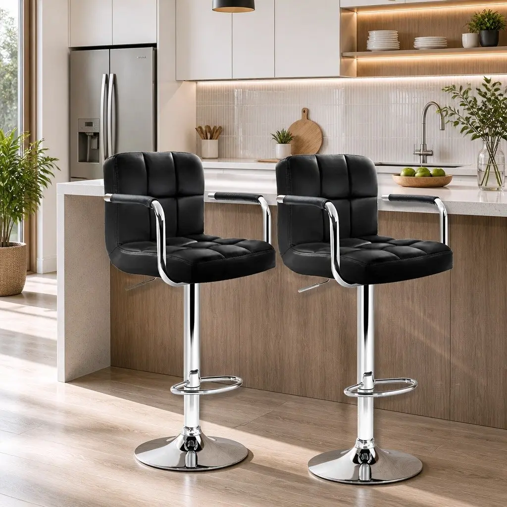 Bar Stools with Armrest Gas Lift 360 Swivel Leather Black Set of 2