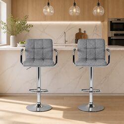 Set of 2 Grey Fabric Bar Stools with Gas Lift and Armrests