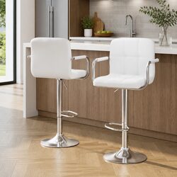 Set of 2 White Gas Lift Bar Stools with Armrests