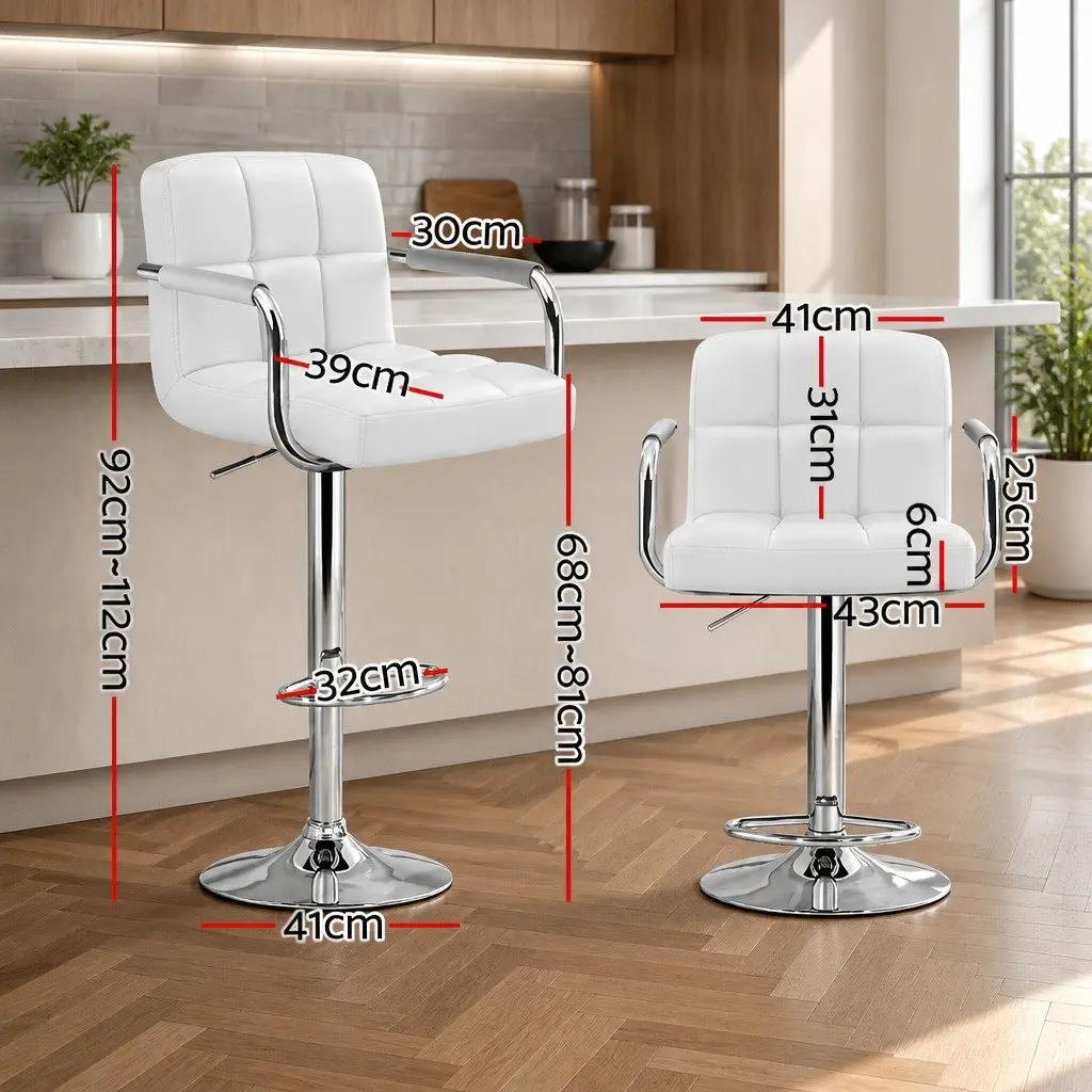 Bar Stools White PU Leather Adjustable Height Swivel Armrest 2 Piece Chrome Base