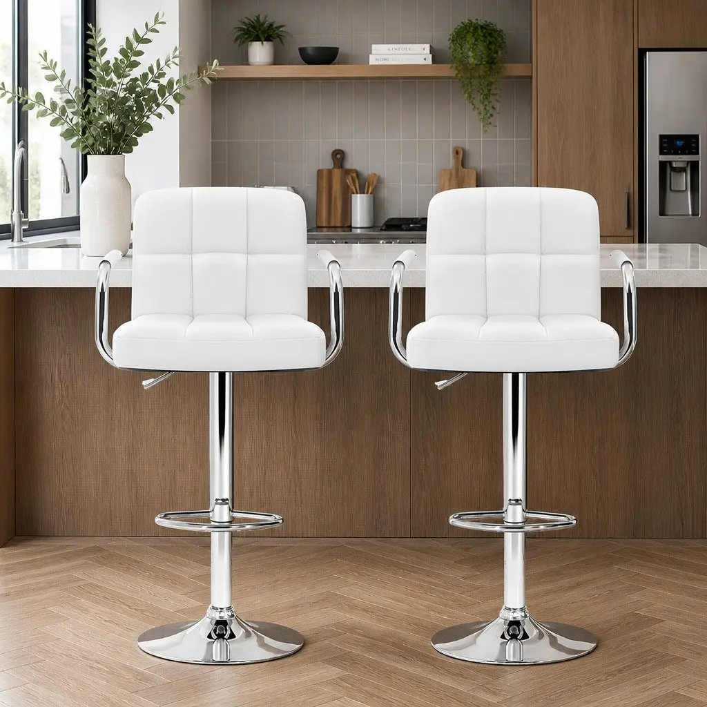 Bar Stools White PU Leather Adjustable Height Swivel Armrest 2 Piece Chrome Base