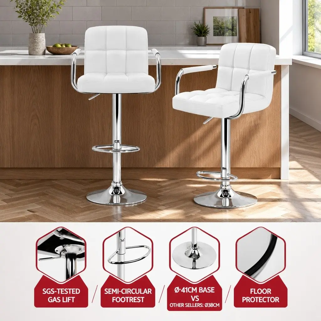 Bar Stools White PU Leather Adjustable Height Swivel Armrest 2 Piece Chrome Base