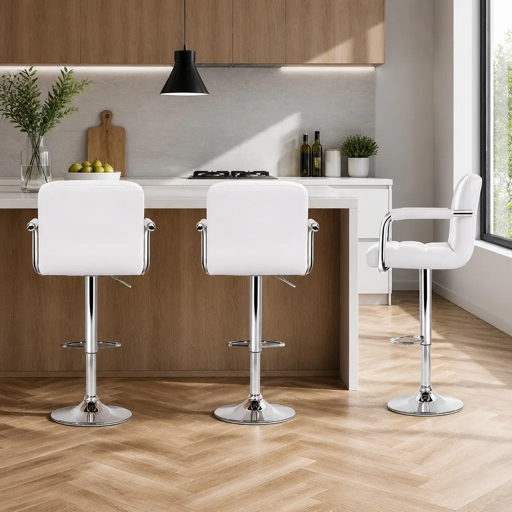 Bar Stools White PU Leather Adjustable Height Swivel Armrest 2 Piece Chrome Base