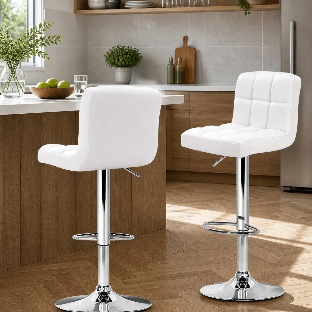 Bar Stools White PU Leather Adjustable Height Swivel Armrest 2 Piece Chrome Base