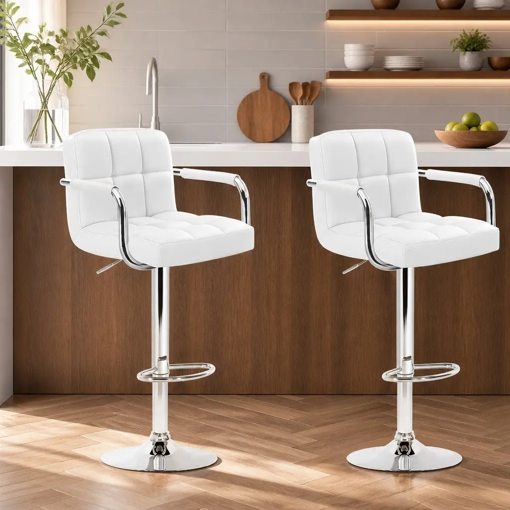 Bar Stools White PU Leather Adjustable Height Swivel Armrest 2 Piece Chrome Base