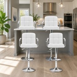 Set of 4 White Bar Stools with Adjustable Height