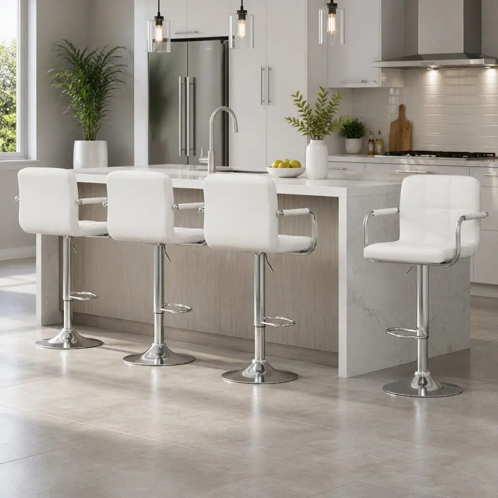 Set of 4 White Bar Stools with Adjustable Height