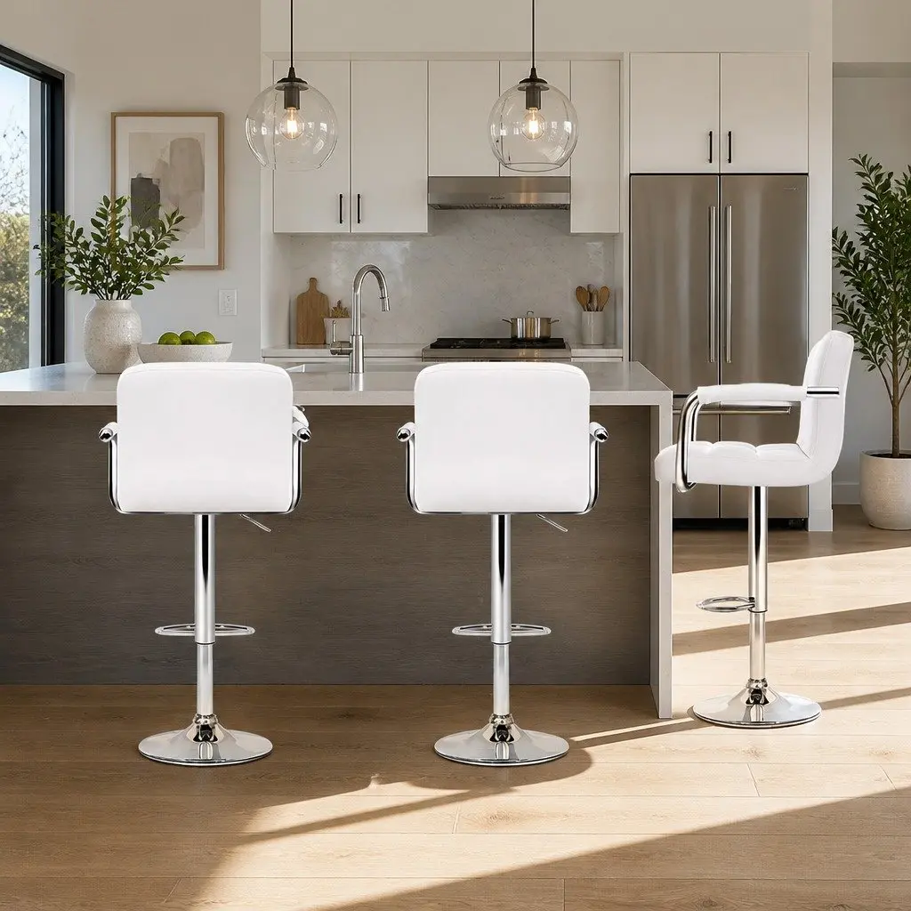 Set of 4 White Bar Stools with Adjustable Height